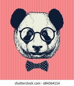 Hand drawn panda with sunglasses and bow tie. Vector illustration.