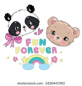 Hand Drawn Panda and Teddy Bear with rainbow, Vector Illustration Design print for t-shirt.