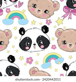 Hand Drawn Panda and Teddy Bear with rainbow seamless pattern, Vector Illustration Design print