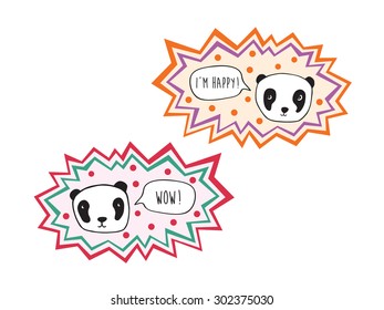 Hand drawn pandas with speech bubble for the text. Sketch, design elements. Vector illustration.