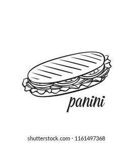 Hand drawn panini or sandwich. Vector monochrome outline vintage illustration.