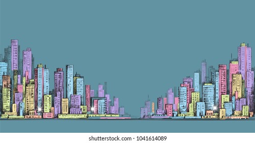 Hand drawn panorama of city skyline, cityscape