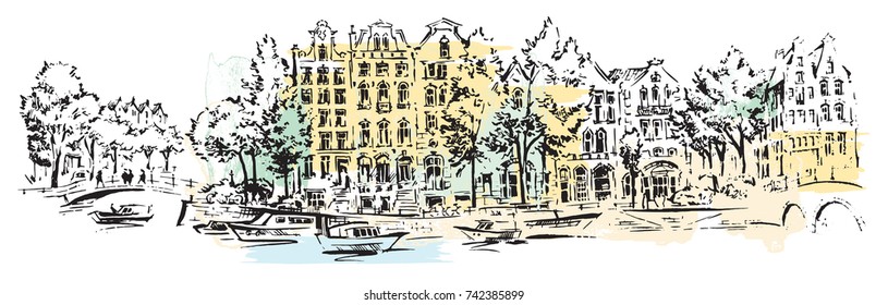 Hand drawn panorama sketch of old Europe town.Vector illustration made in vintage style.