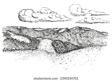 Hand drawn panoramic landscape with grass hills and forest trees in sketch style. Beautiful nature composition. Vector illustration.