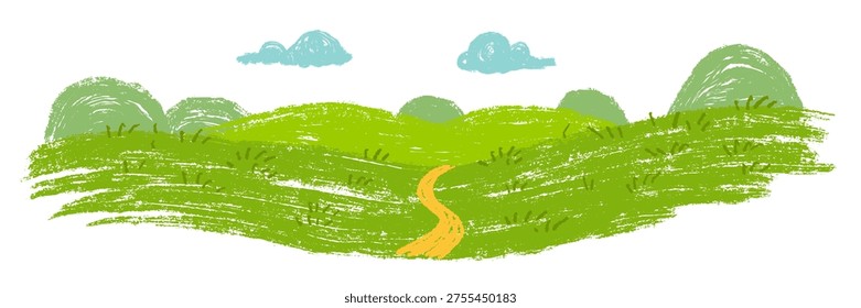 Hand drawn panoramic landscape showing winding orange path leading through green grassy hills towards blue horizon. Scribble art background for children book or game in cartoon doodle style made from pencil, marker or chalk crayon.