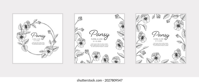 Hand drawn pansy floral greeting card illustration with line art on white backgrounds.
