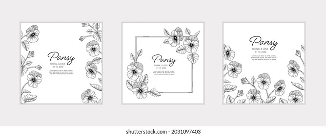 Hand drawn pansy floral greeting card illustration with line art on white backgrounds.
