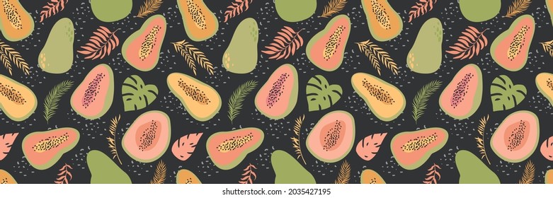 Hand drawn papaya. Colored vector seamless pattern. Dark blue background.Pink, green, and golden leaves and fruits.