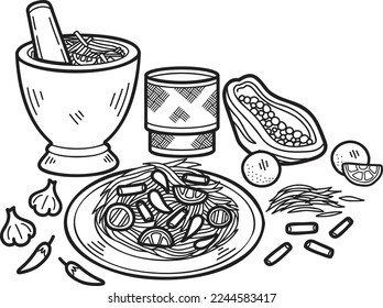 Hand Drawn papaya salad with Thai food illustration isolated on background