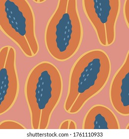 Hand drawn papaya seamless pattern. Fresh tropical fruit, pink background. 
