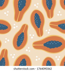 Patrón de papaya dibujado a mano sin fisuras en colores pastel con puntos. Frutos tropicales frescos de estilo moderno y moderno con fondo blanco. 