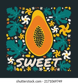 Hand drawn papaya. Sweet tropical shirt print. Botanical floral poster. Cute bright fruits, flowers, leaves. Exotic flat art. Scandinavian style. Childish doodle design. Isolated vector illustration