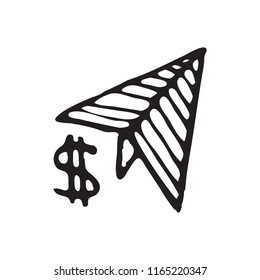 Hand Drawn paper airplane doodle. Sketch dollar icon. Decoration element. Isolated on white background. Flat design. Vector illustration.