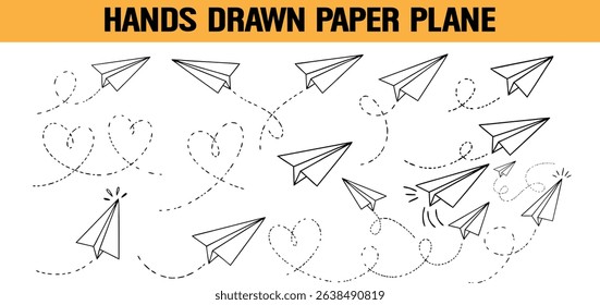 Hand drawn paper airplane set with dotted flight paths and hearts for creative design elements