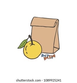 Hand drawn paper bag and apple. School lunch food.