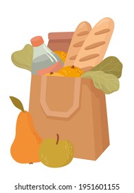 Hand drawn paper bag with food. Shopping in supermarket. Fresh organic shop. Product delivery. Water bottle, bread, fruits, vegetables. Vector illustration on white beckground. 