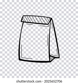 Bolsa de papel dibujada a mano aislada sobre fondo transparente. Almuerzo. Esbozo. Ilustración vectorial.