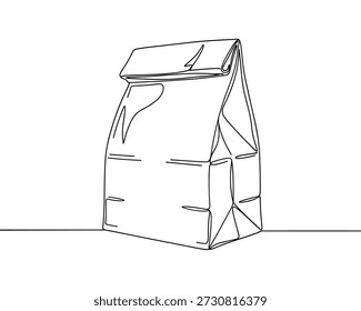 Hand drawn paper bag packaging in minimal one line continuous outline illustration
