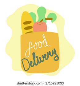 Hand drawn paper bag with products and text food delivery. Flat vector illustration.