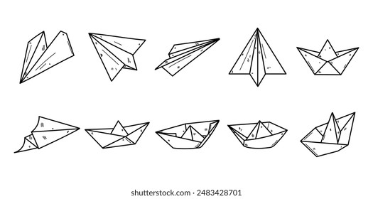 Hand Drawn Paper Boat and Planes Set