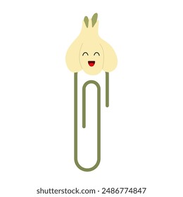 Hand drawn paper clips with garlic character for kids. Cute funny safety pins 
