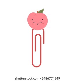 Hand drawn paper clips with peach character for kids. Cute funny safety pins 