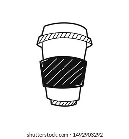 Hand drawn paper coffee cup isolated on a white. Sketch. Coffee to go concept. Vector illustration.