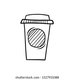 Hand drawn paper coffee cup isolated on a white. Color sketch. Coffee to go concept. Vector illustration.