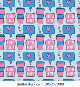 Hand drawn paper coffee cup seamless pattern. A modern background - coffee to go. Cup of coffee and like sign in pink and blue