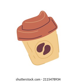 Hand drawn paper coffee cup with lid grain seed label branding vector doodle illustration. Traditional morning breakfast hot beverage energy in take away container isolated. Coffeehouse or coffeeshop