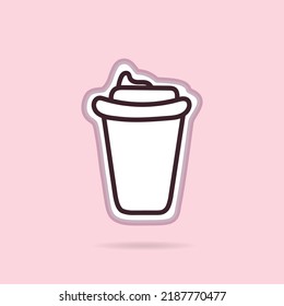 Hand drawn paper coffee cup vector illustration concept, logo text creation on coffee cup, color sticker, patch label isolated on pink.