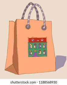 Hand drawn paper colorful gift bag with illustration. The image pleases the eye and gives a festive packaging.