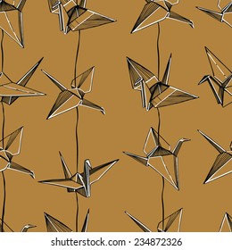 Hand drawn paper cranes seamless pattern