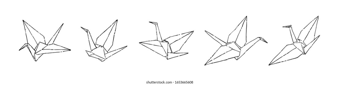 Grúas de papel dibujadas a mano, dibujo tintas ilustraciones vectoriales, origami aislado negro sobre fondo blanco.