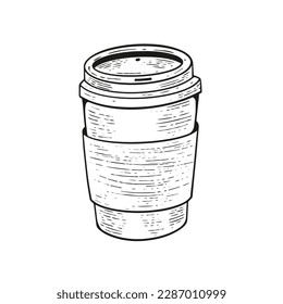 Hand drawn paper cup coffee or drink black color sketch style vector art illustration isolated on white background.