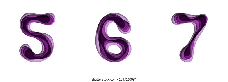 Hand drawn paper cut out numbers and alphabet in ultraviolet color. Part 2, numbers 5,6,7. Vector illustration.