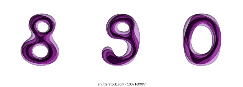 Hand drawn paper cut out numbers and alphabet in ultraviolet color. Part 3, numbers 8,9,0. Vector illustration.