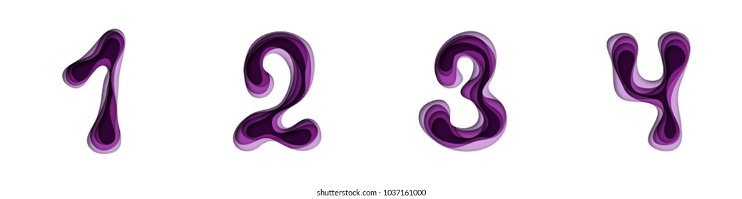 Hand drawn paper cut out numbers and alphabet in ultraviolet color. Part 1, numbers 1,2,3,4. Vector illustration.