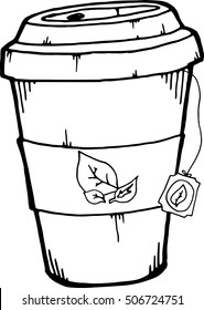 Hand drawn paper glass with tea. Vector illustration of a plastic cup with tea. Tea bag.