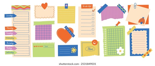 Hand drawn paper notes. Cute memo stickers and post it notes, colorful paper sheet and ripped strip, trendy scrapbook design elements. Vector isolated set.