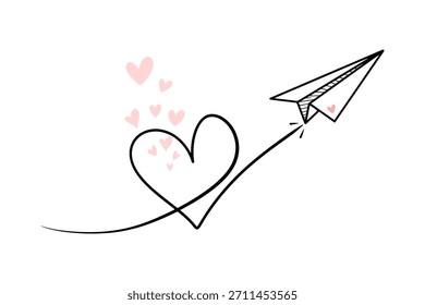 Hand Drawn Paper Plane Flying from Heart Shape with Pink Love Trail