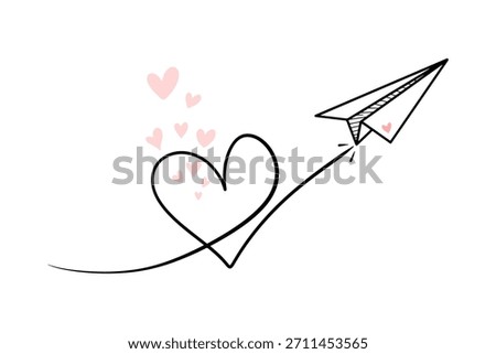 Hand Drawn Paper Plane Flying from Heart Shape with Pink Love Trail