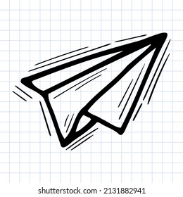Hand drawn paper plane icon on checkered background. Sketch, doodle. Vector illustration