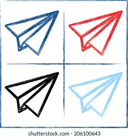 Hand drawn paper planes on white background: blue, aquamarine, black & red