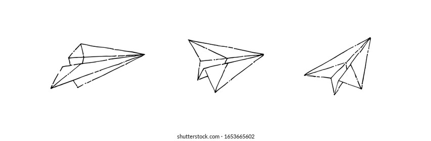 Planos de papel dibujados a mano, ilustración vectorial de dibujo con tinta, origami aislado negro sobre fondo blanco.