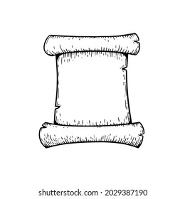 Hand drawn paper scroll parchment. Sketch style opened ancient manuscript roll. Antique medieval paper letter scroll blank template. Best for games, ancient designs. Vector illustration.