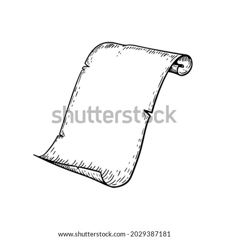 Hand drawn paper scroll parchment. Sketch style opened ancient manuscript roll. Antique medieval paper letter scroll blank template. Best for games, ancient designs. Vector illustration.