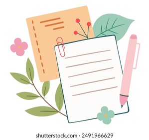 Hand drawn paper sheets of notebook plants and flowers. Wish list template. Pastel color stationery. Cartoon style vector illustration.