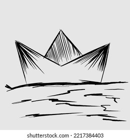 Hand drawn paper ship floating on water. abstract isolated vector graphic.
