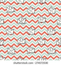 hand drawn paper ships on contrast chevron background, nautical vector seamless pattern, childish illustration, design can be used for paper, wallpaper, textile, fabric, different surfaces